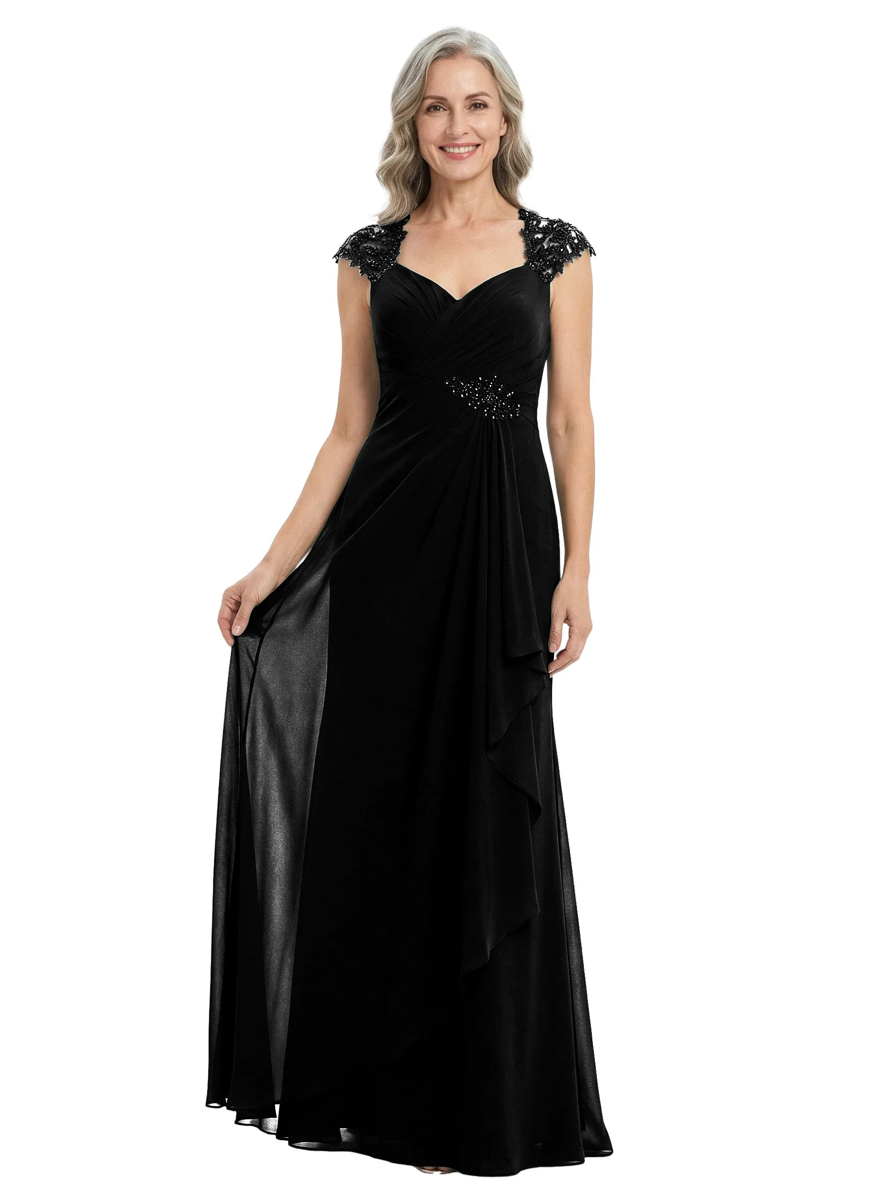 ChicSew V-Neck Cap Sleeve Lace Beaded Waist Ruffle Floor Length Chiffon Mom Of The Groom Dresses sold by ChicSew product image thumbnail 4