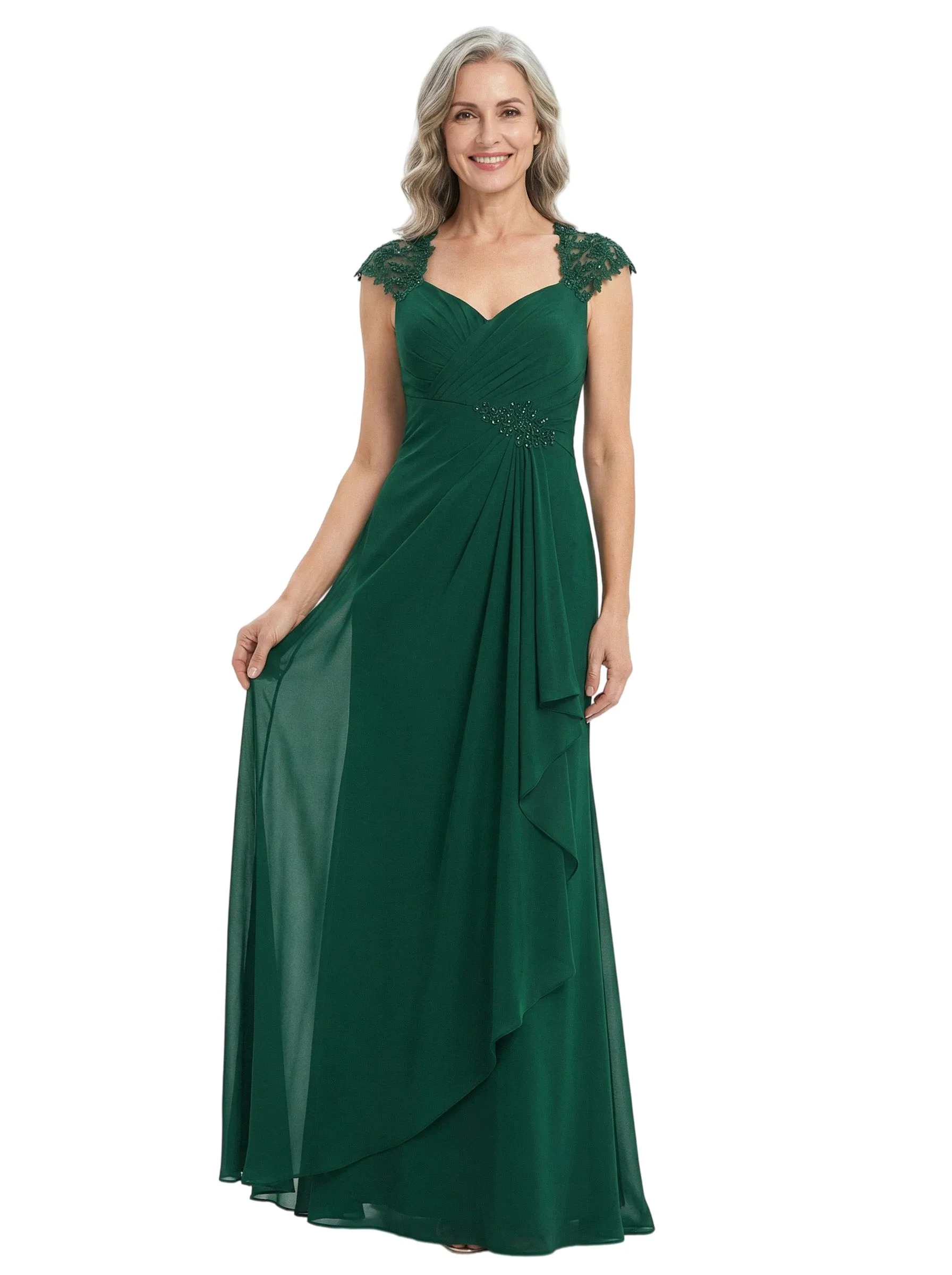 ChicSew V-Neck Cap Sleeve Lace Beaded Waist Ruffle Floor Length Chiffon Mom Of The Groom Dresses sold by ChicSew