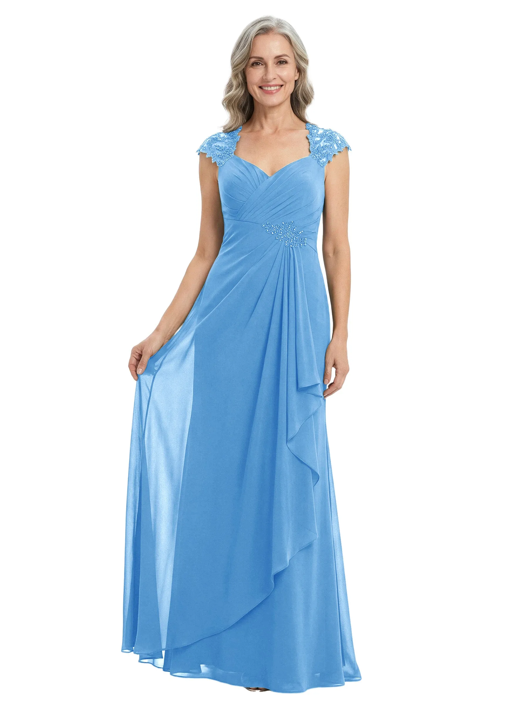 ChicSew V-Neck Cap Sleeve Lace Beaded Waist Ruffle Floor Length Chiffon Mom Of The Groom Dresses sold by ChicSew product image thumbnail 5