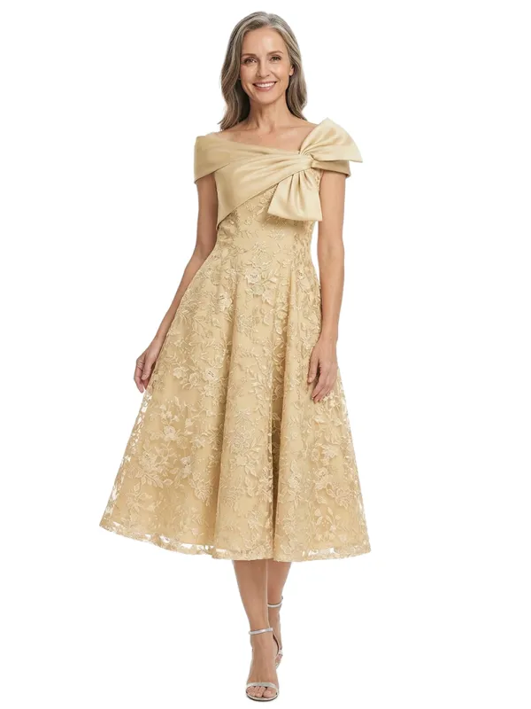 ChicSew Modern Tea-Length Lace Applique Mother Of The Groom Dress With Satin Bow Shoulder made by ChicSew