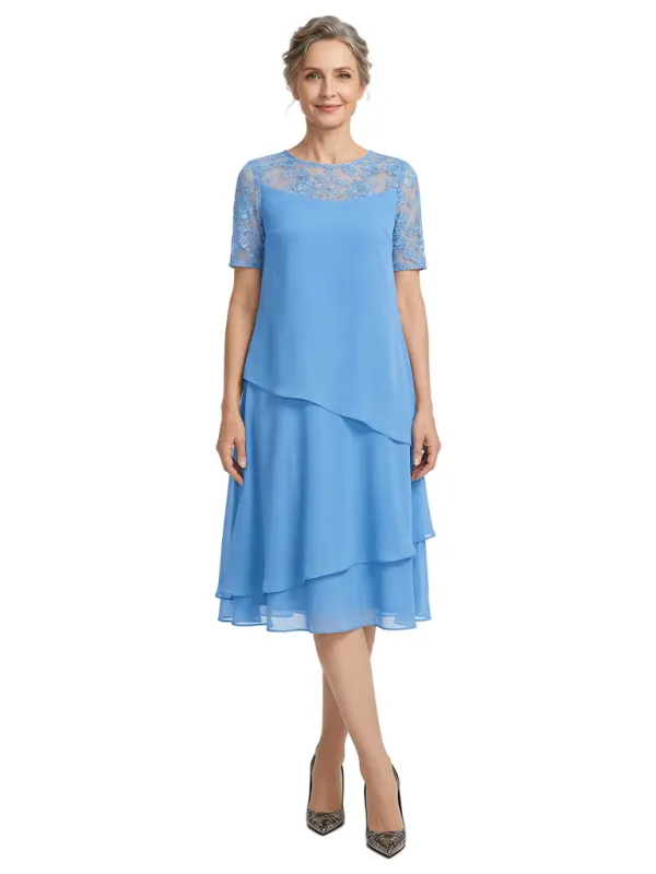 ChicSew Jewel Short Sleeve Lace Overlay Layered Chiffon Midi Length Casual Mother of the Bride Dresses made by ChicSew