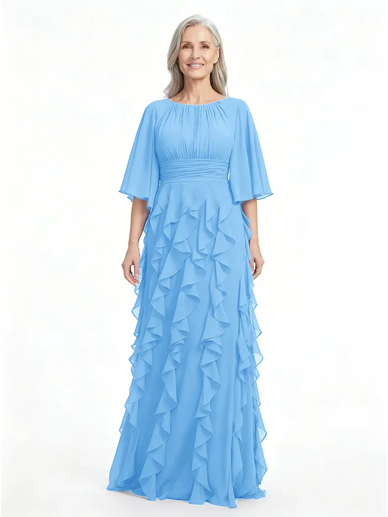 ChicSew Scoop Flutter Sleeve Ruched Waist Ruffle Detail Floor Length Chiffon Flowy Mom Of The Groom Dresses sold by ChicSew product image thumbnail 5
