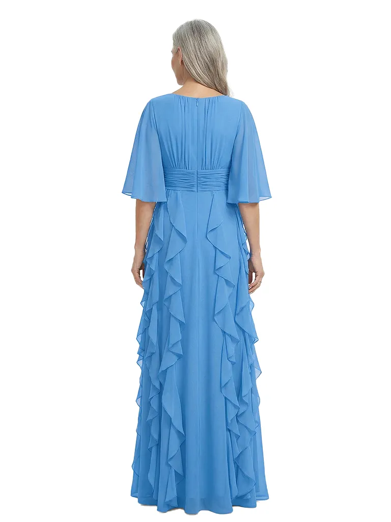 ChicSew Scoop Flutter Sleeve Ruched Waist Ruffle Detail Floor Length Chiffon Flowy Mom Of The Groom Dresses sold by ChicSew product image thumbnail 3