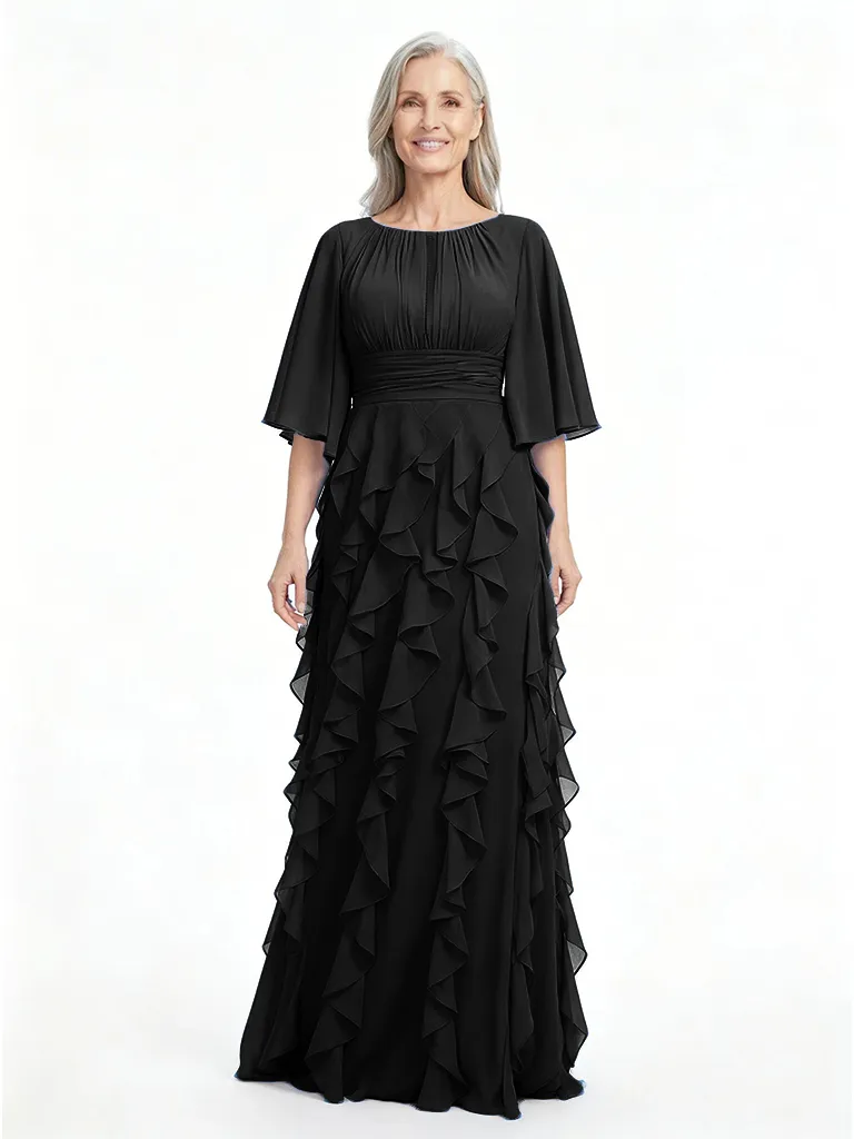 ChicSew Scoop Flutter Sleeve Ruched Waist Ruffle Detail Floor Length Chiffon Flowy Mom Of The Groom Dresses sold by ChicSew product image thumbnail 4