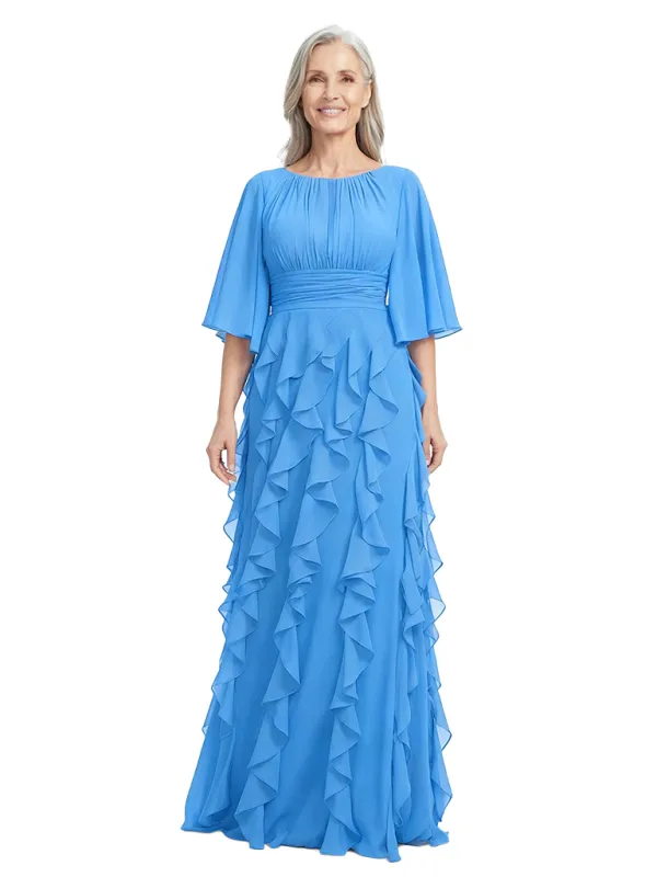 ChicSew Scoop Flutter Sleeve Ruched Waist Ruffle Detail Floor Length Chiffon Flowy Mom Of The Groom Dresses made by ChicSew