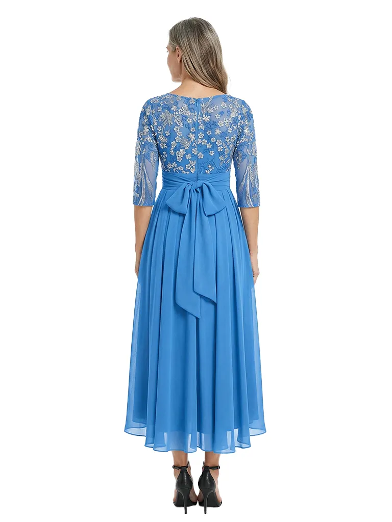 ChicSew Scoop 3/4 Sleeve Floral Embroidered Lace Overlay Belted Bow Detail High Low Midi Length Chiffon Romantic Mother Of The Bride And Groom Dresses sold by ChicSew product image thumbnail 3
