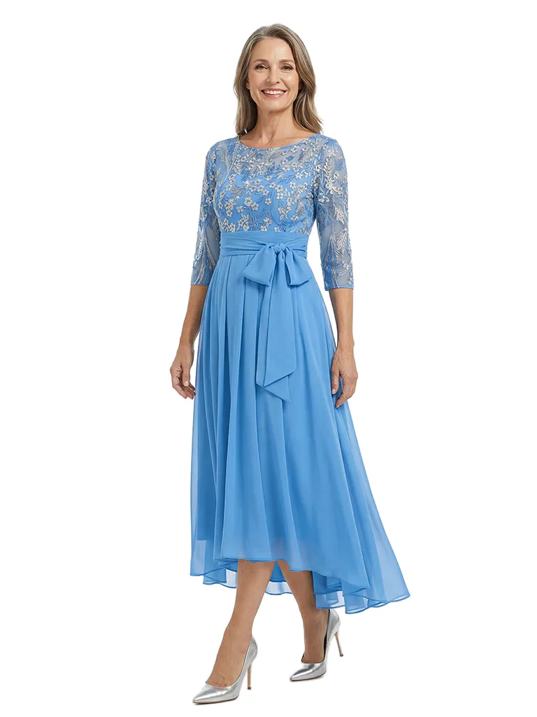 ChicSew Scoop 3/4 Sleeve Floral Embroidered Lace Overlay Belted Bow Detail High Low Midi Length Chiffon Romantic Mother Of The Bride And Groom Dresses sold by ChicSew