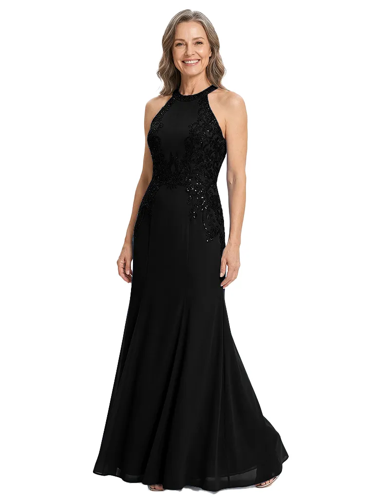 ChicSew Halter Sleeveless Beaded Lace Applique Mermaid Floor Length Chiffon Sophisticated Mother of the Bride Dresses sold by ChicSew product image thumbnail 4