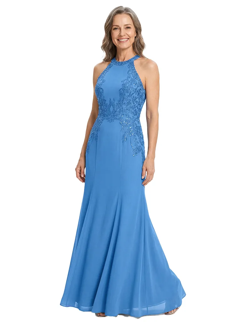 ChicSew Halter Sleeveless Beaded Lace Applique Mermaid Floor Length Chiffon Sophisticated Mother of the Bride Dresses sold by ChicSew