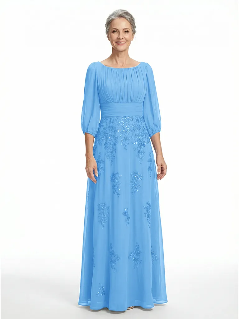 ChicSew Scoop 3/4 Sleeve Ruched Waist Beaded Lace Applique Floor Length Chiffon Fancy Mom Of The Groom Dresses sold by ChicSew product image thumbnail 5