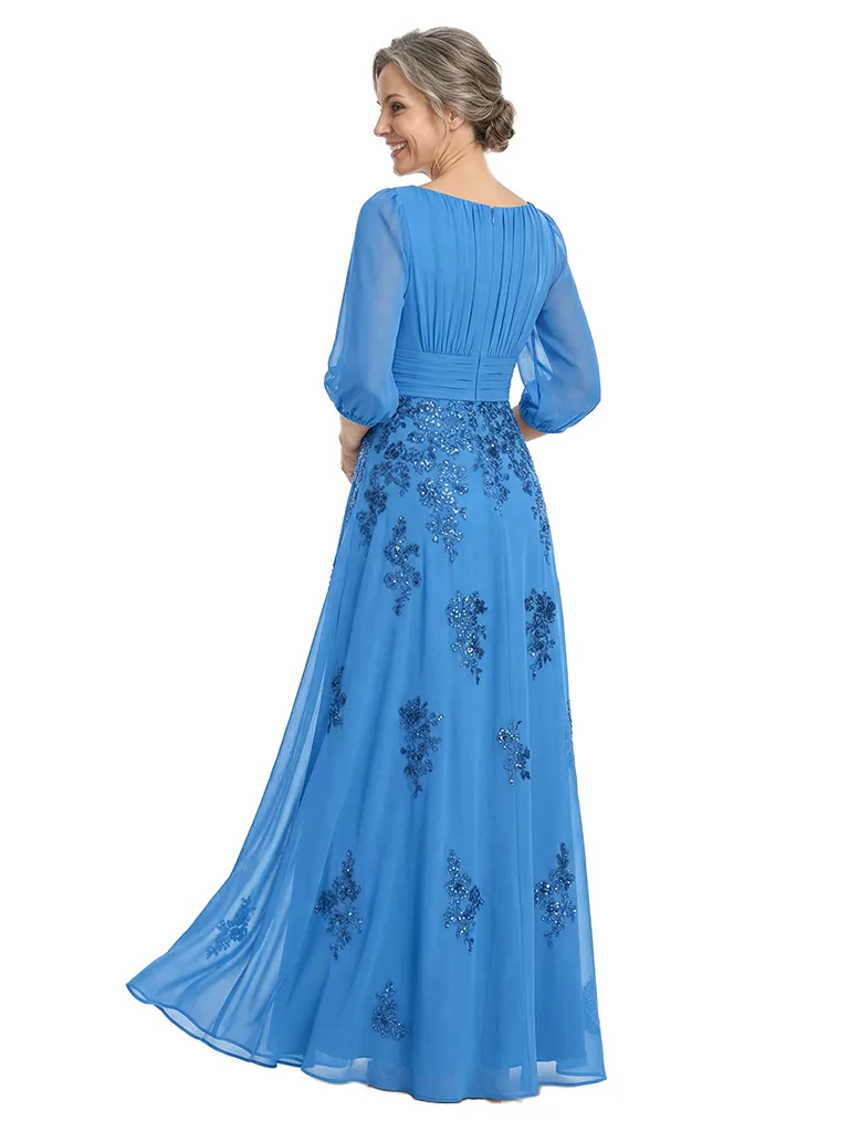 ChicSew Scoop 3/4 Sleeve Ruched Waist Beaded Lace Applique Floor Length Chiffon Fancy Mom Of The Groom Dresses sold by ChicSew product image thumbnail 3