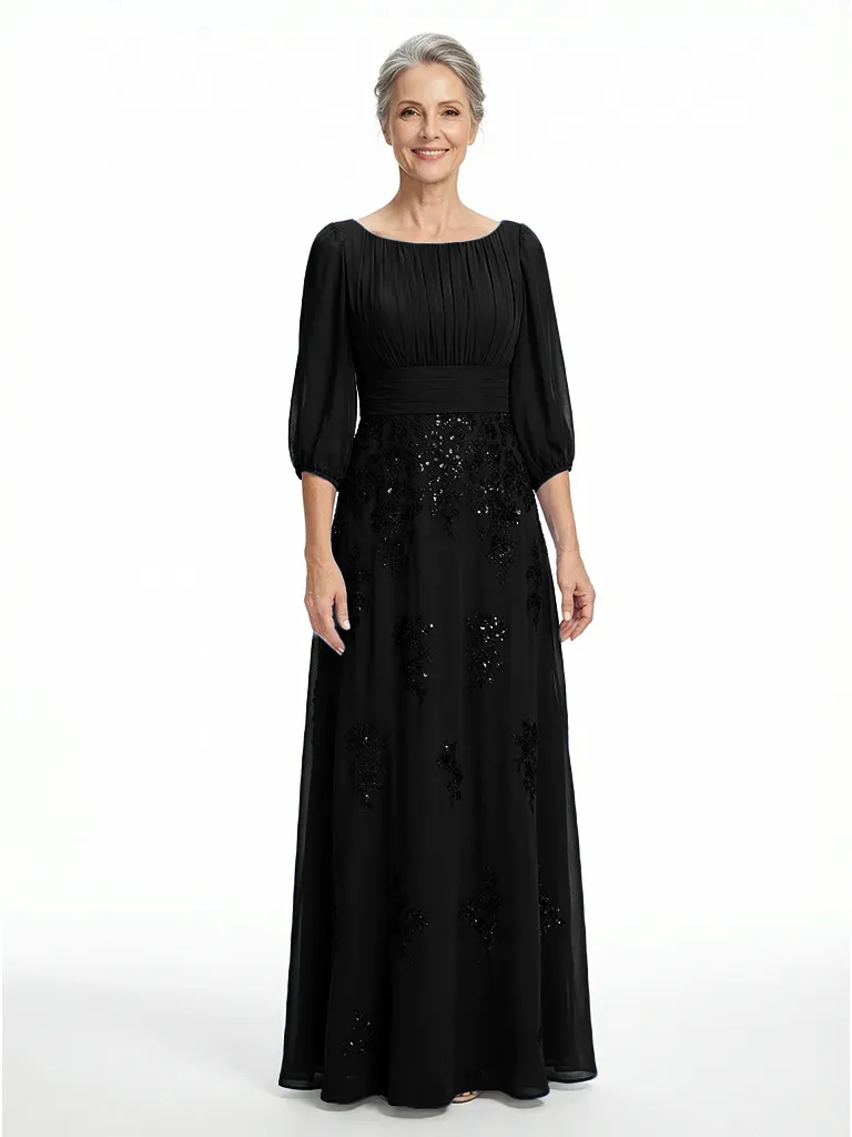 ChicSew Scoop 3/4 Sleeve Ruched Waist Beaded Lace Applique Floor Length Chiffon Fancy Mom Of The Groom Dresses sold by ChicSew product image thumbnail 4