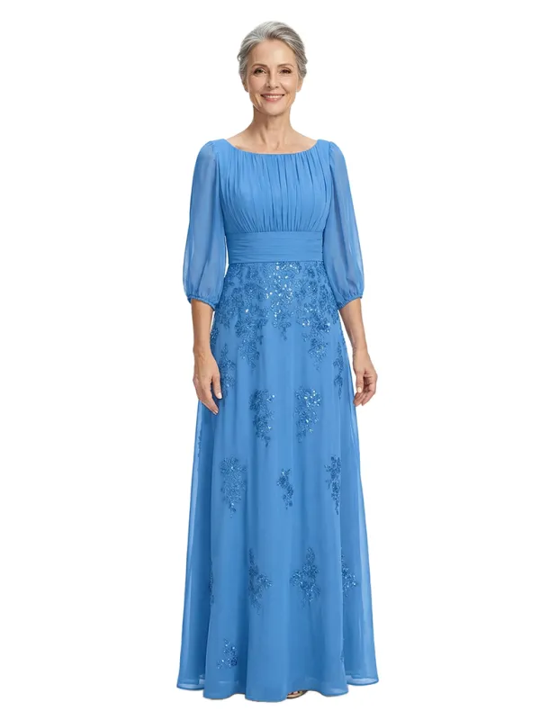 ChicSew Scoop 3/4 Sleeve Ruched Waist Beaded Lace Applique Floor Length Chiffon Fancy Mom Of The Groom Dresses made by ChicSew