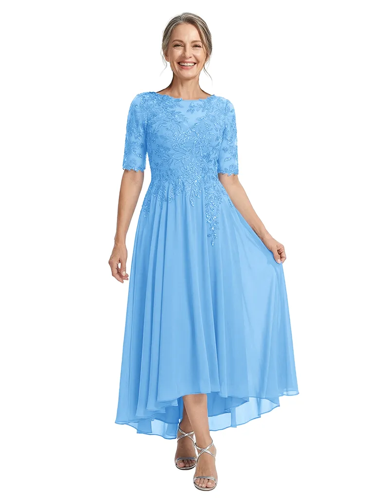 ChicSew Illusion Short Sleeve Beaded Lace Applique A Line High Low Midi Length Chiffon Modern Mother of the Bride Dresses sold by ChicSew product image thumbnail 5