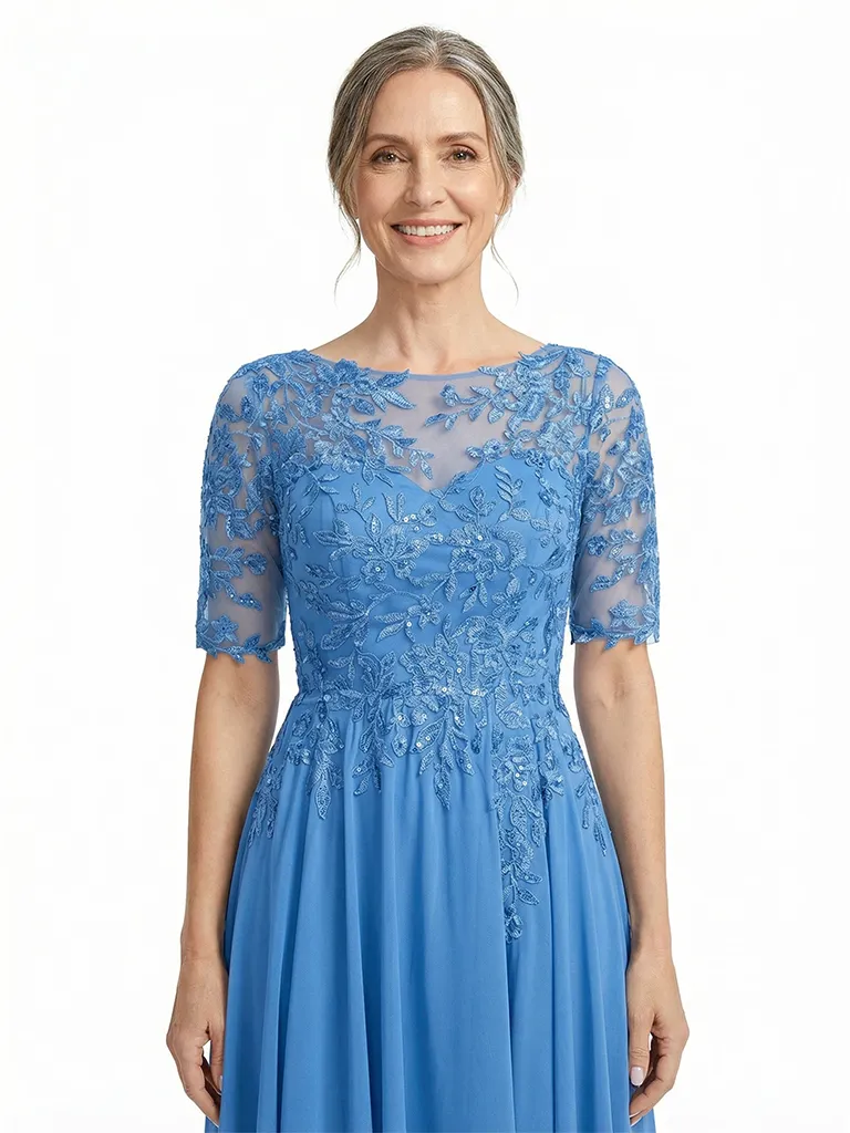 ChicSew Illusion Short Sleeve Beaded Lace Applique A Line High Low Midi Length Chiffon Modern Mother of the Bride Dresses sold by ChicSew product image thumbnail 2