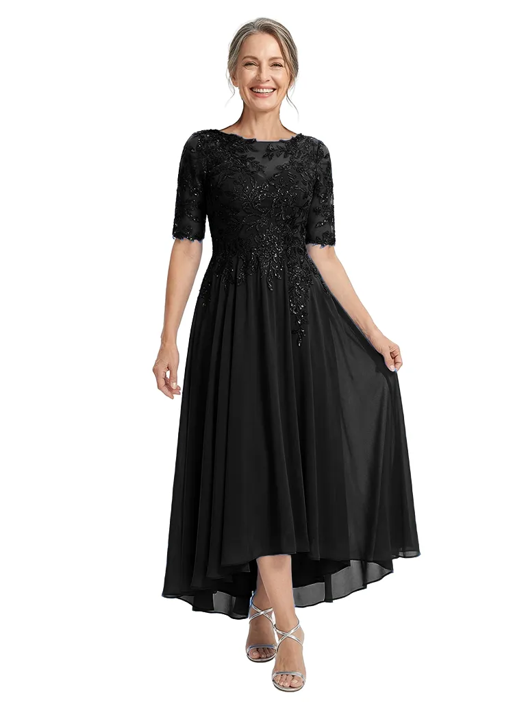 ChicSew Illusion Short Sleeve Beaded Lace Applique A Line High Low Midi Length Chiffon Modern Mother of the Bride Dresses sold by ChicSew product image thumbnail 4