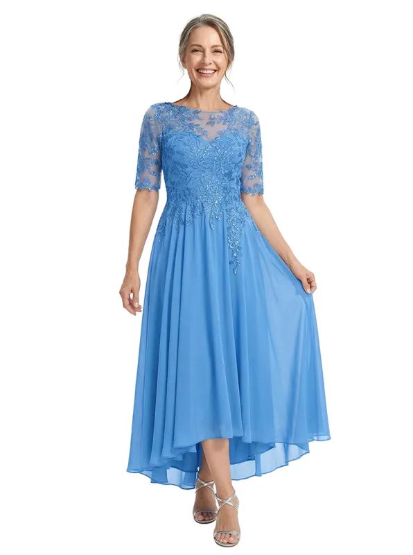 ChicSew Illusion Short Sleeve Beaded Lace Applique A Line High Low Midi Length Chiffon Modern Mother of the Bride Dresses sold by ChicSew