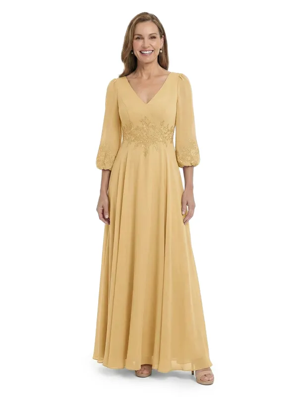 ChicSew Trendy V-Neck Long Sleeves Chiffon Gown A-Line Mother Of The Bride Dresses With Applique made by ChicSew