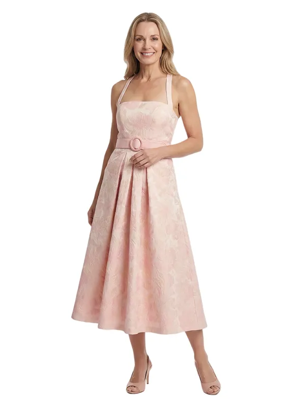 Chicsew Square Sleeveless Floral Jacquard Midi Length Belted Detail Modern Mother of the Bride Dresses made by ChicSew