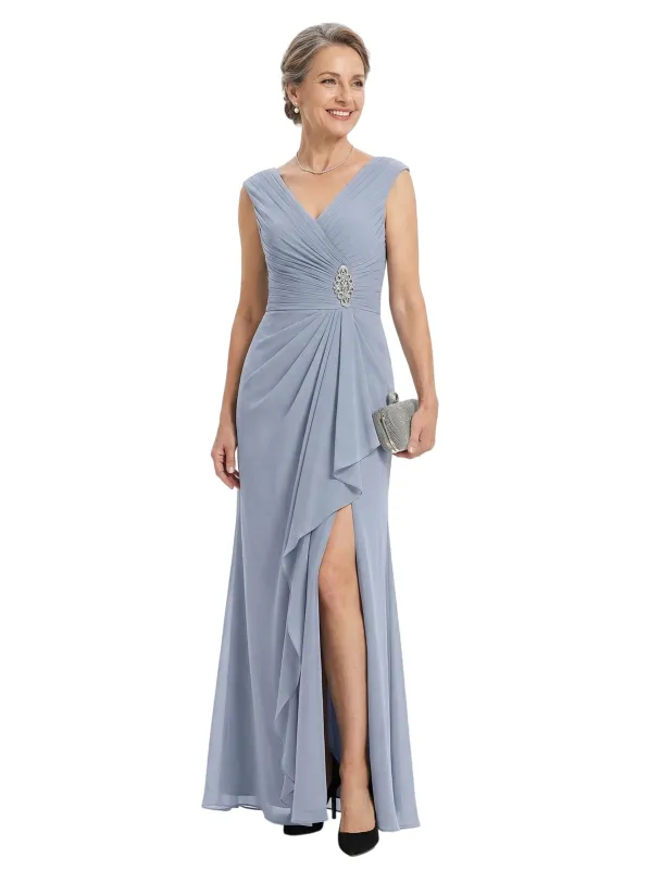ChicSew V-Neck Ruched Chiffon Beaded Ruffle Skirt Long Chiffon Fancy Mother of the Bride Dresses Slit made by ChicSew