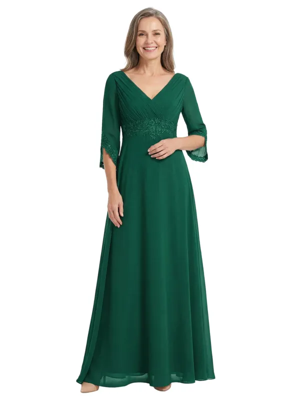 ChicSew V-Neck Long Sleeve Lace Ruched Waist Long Chiffon Elegant Mother of the Bride Dresses made by ChicSew