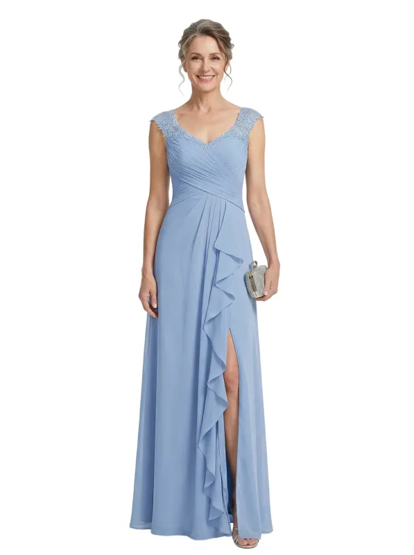 ChicSew V-Neck Cap Sleeve Lace Ruched Bodice Ruffle Slit Detail Floor Length Chiffon Mom Of The Groom Dresses made by ChicSew