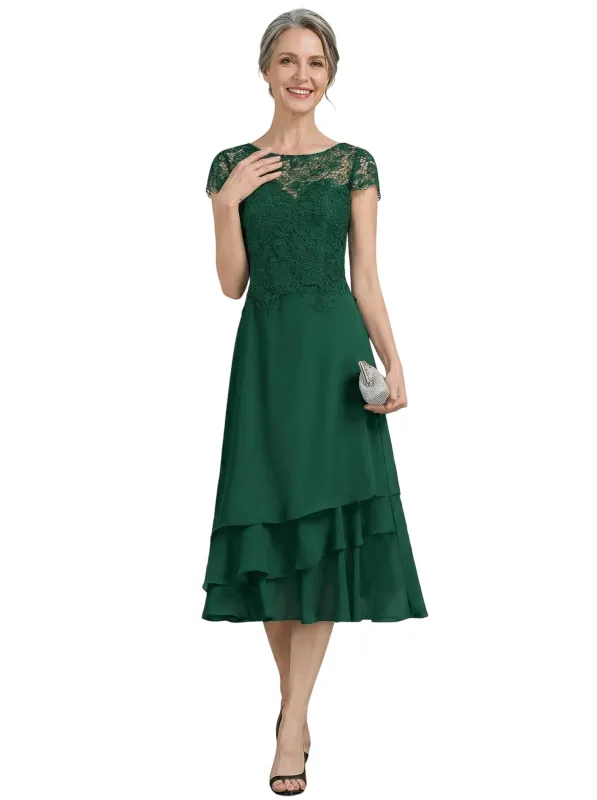 ChicSew Illusion Short Sleeve Lace Overlay Layered Ruffle Chiffon Tea Length Casual Mother Of The Bride And Groom Dresses made by ChicSew