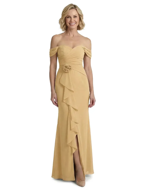 ChicSew Elegant Off The Shoulder Ruffle Chiffon Rosette Accent Mother Of The Groom Dresses With Slit made by ChicSew