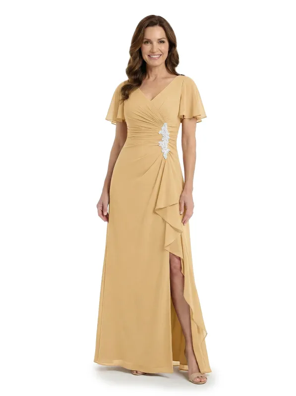 ChicSew Pretty Flutter Sleeves V-Neck Chiffon Ruched Mother Of The Groom Dresses With Slit made by ChicSew