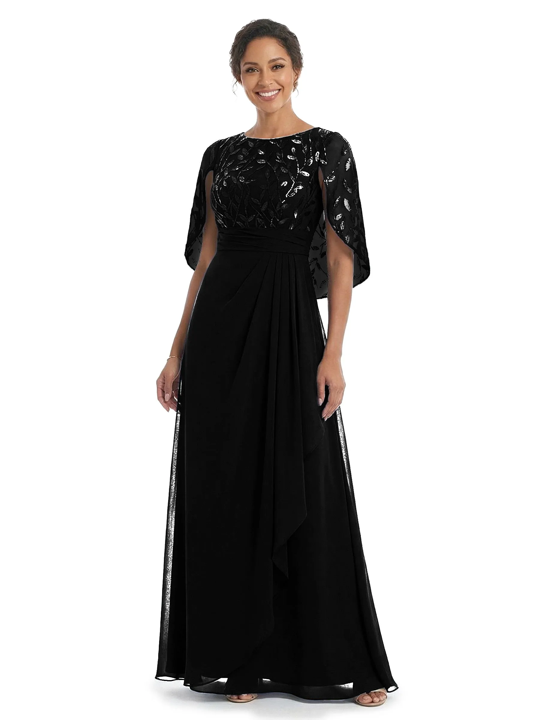 ChicSew Elegant Cape Sleeve Chiffon A-Line Mother Of The Groom Dress With Floral Lace Applique sold by ChicSew product image thumbnail 4