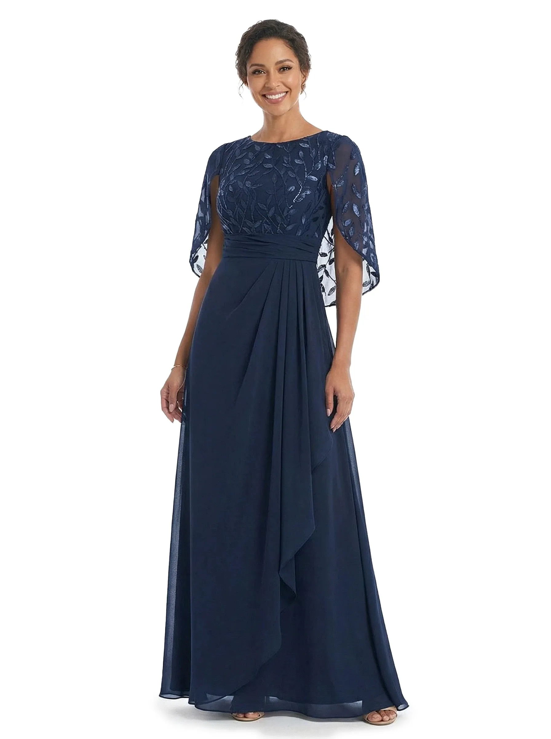 ChicSew Elegant Cape Sleeve Chiffon A-Line Mother Of The Groom Dress With Floral Lace Applique sold by ChicSew