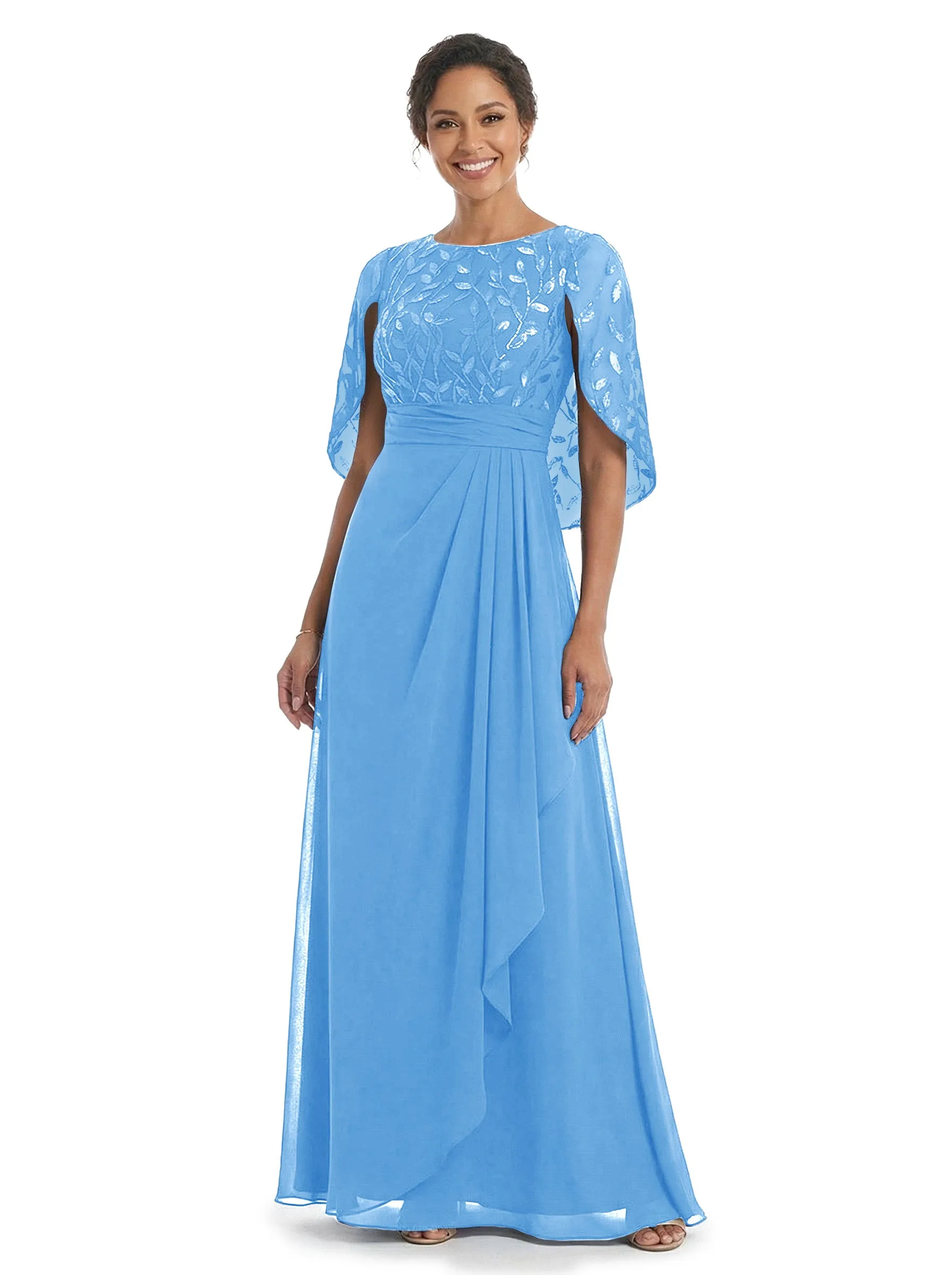 ChicSew Elegant Cape Sleeve Chiffon A-Line Mother Of The Groom Dress With Floral Lace Applique sold by ChicSew product image thumbnail 5