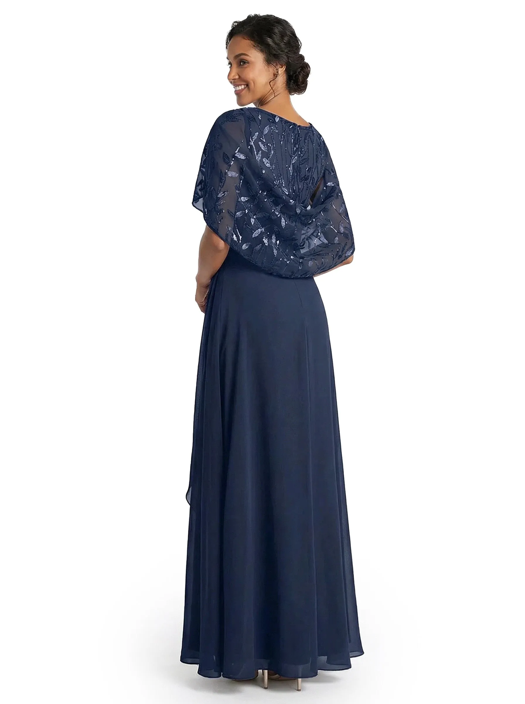 ChicSew Elegant Cape Sleeve Chiffon A-Line Mother Of The Groom Dress With Floral Lace Applique sold by ChicSew product image thumbnail 3