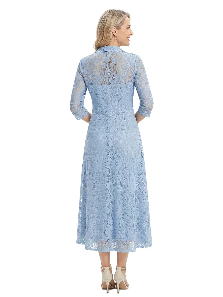 ChicSew V-Neck 3/4 Sleeve Embroidered Lace Ruched Waist Tea Length Chiffon Mother of the Bride Dresses With Jacket sold by ChicSew product image thumbnail 3