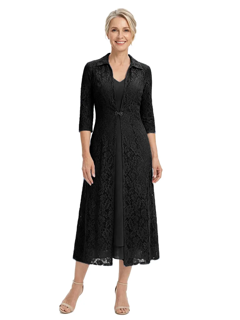 ChicSew V-Neck 3/4 Sleeve Embroidered Lace Ruched Waist Tea Length Chiffon Mother of the Bride Dresses With Jacket sold by ChicSew product image thumbnail 4