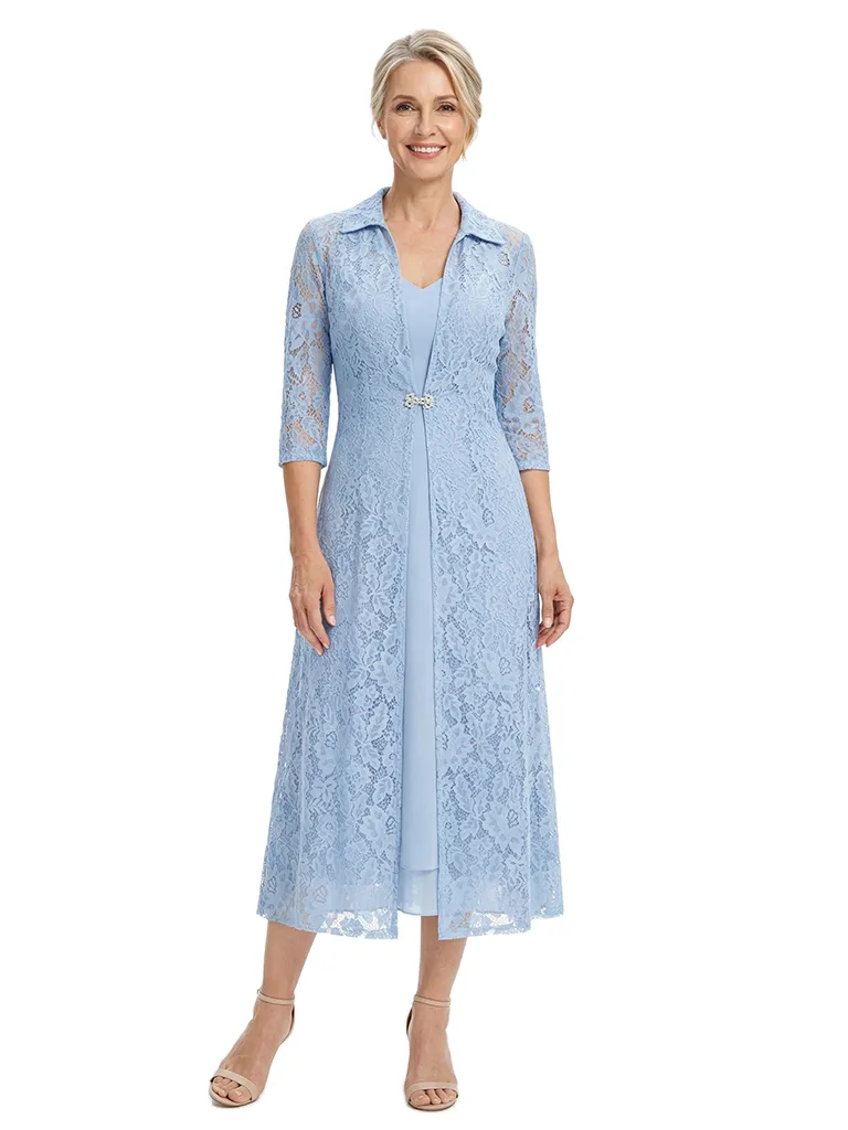 ChicSew V-Neck 3/4 Sleeve Embroidered Lace Ruched Waist Tea Length Chiffon Mother of the Bride Dresses With Jacket sold by ChicSew