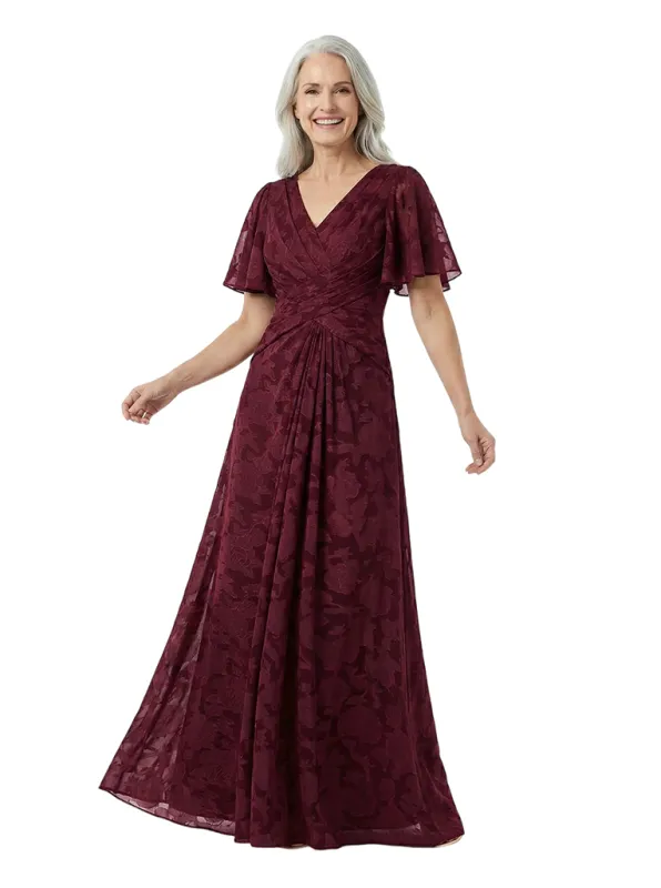 Chicsew Elegant V-Neck Short Sleeves Floral Burnout Chiffon A-line Formal Evening Dresses made by ChicSew