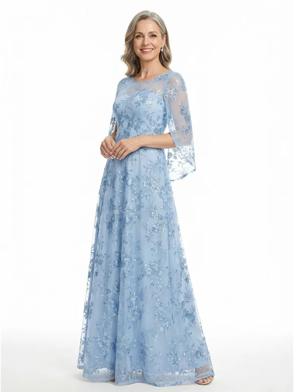 ChicSew Beautiful Embroidered A-Line Mother Of The Groom Gown Sparkly Floral Lace Applique Long Sleeve sold by ChicSew