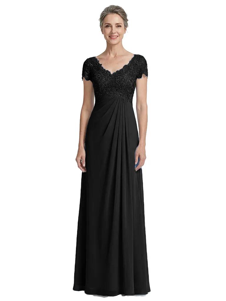 ChicSew V-Neck Short Sleeve Lace Bodice A-Line Floor Length Chiffon Mother Of The Bride Gowns sold by ChicSew product image thumbnail 4