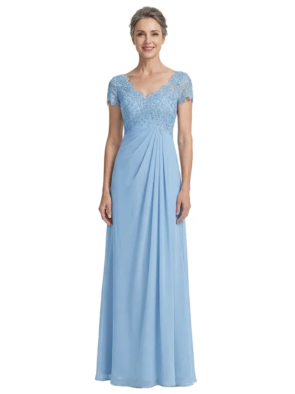 ChicSew V-Neck Short Sleeve Lace Bodice A-Line Floor Length Chiffon Mother Of The Bride Gowns made by ChicSew
