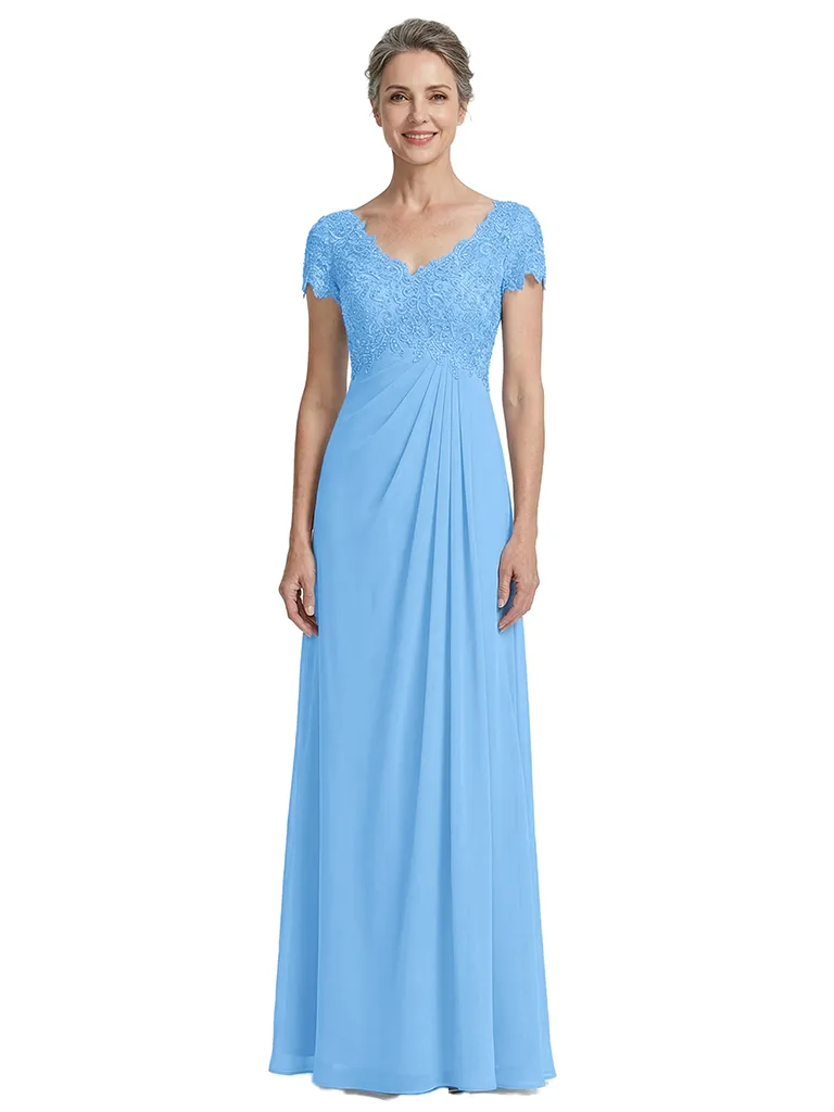 ChicSew V-Neck Short Sleeve Lace Bodice A-Line Floor Length Chiffon Mother Of The Bride Gowns sold by ChicSew product image thumbnail 5