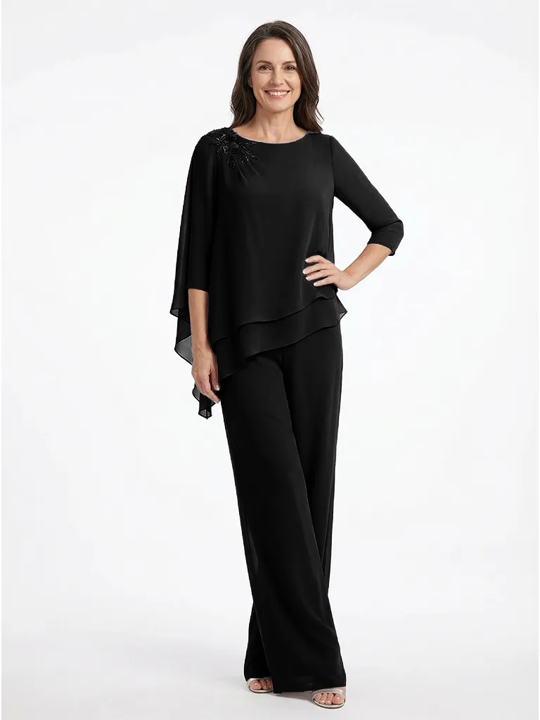 ChicSew Round Neck Chiffon Long Sleeves Mother of The Bride Two Piece Pantsuit sold by ChicSew product image thumbnail 4
