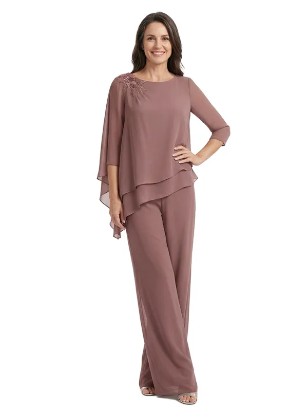 ChicSew Round Neck Chiffon Long Sleeves Mother of The Bride Two Piece Pantsuit made by ChicSew