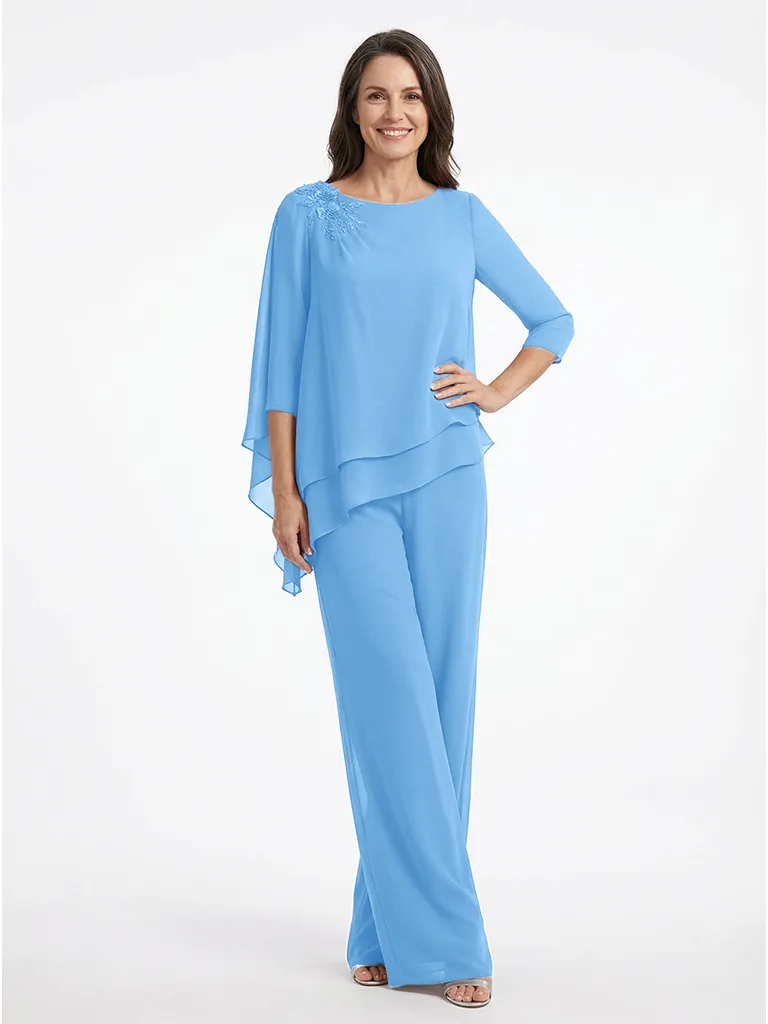 ChicSew Round Neck Chiffon Long Sleeves Mother of The Bride Two Piece Pantsuit sold by ChicSew product image thumbnail 5