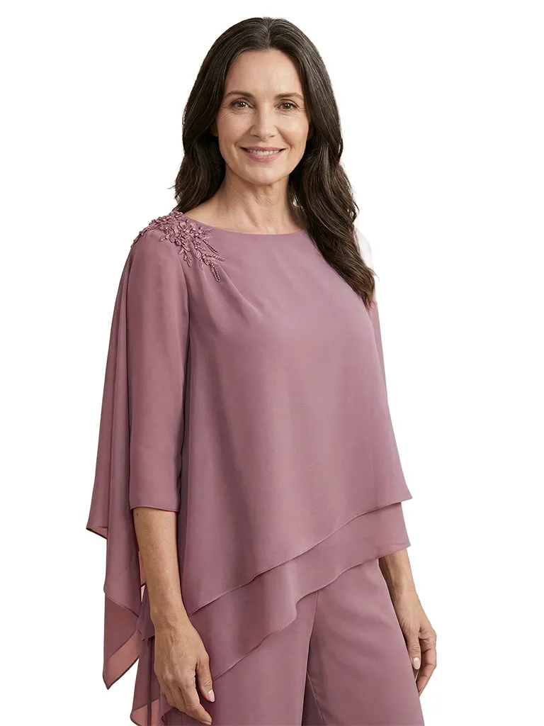 ChicSew Round Neck Chiffon Long Sleeves Mother of The Bride Two Piece Pantsuit sold by ChicSew product image thumbnail 2