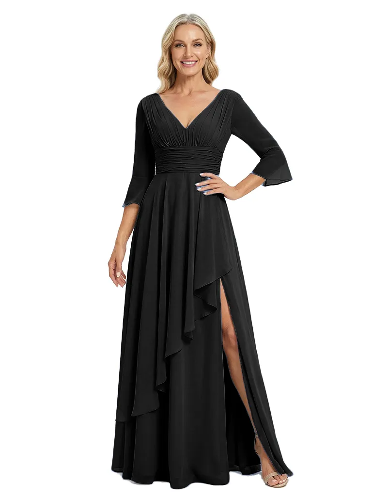 ChicSew V-Neck Long Sleeves Ruffle Mother Of The Bride Gown Chiffon A-Line With Slit sold by ChicSew product image thumbnail 4