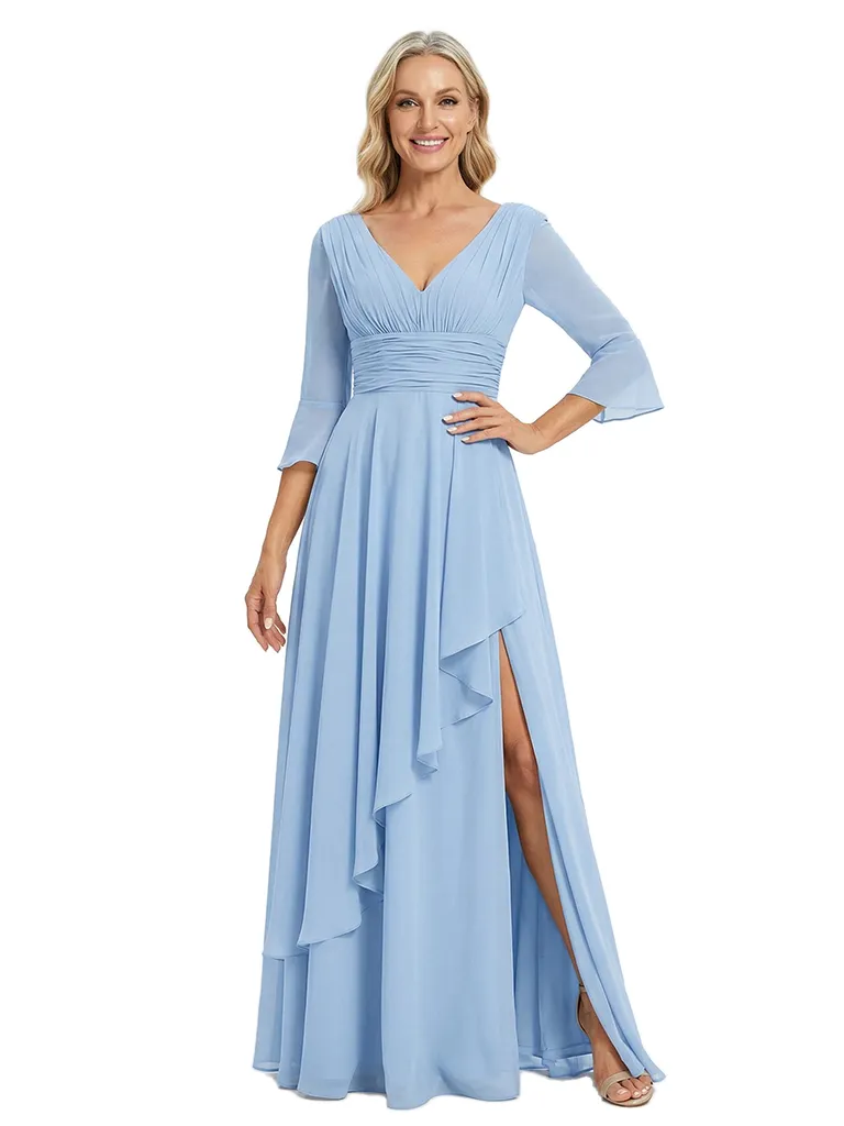 ChicSew V-Neck Long Sleeves Ruffle Mother Of The Bride Gown Chiffon A-Line With Slit sold by ChicSew