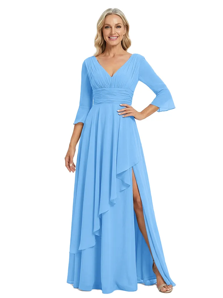 ChicSew V-Neck Long Sleeves Ruffle Mother Of The Bride Gown Chiffon A-Line With Slit sold by ChicSew product image thumbnail 5