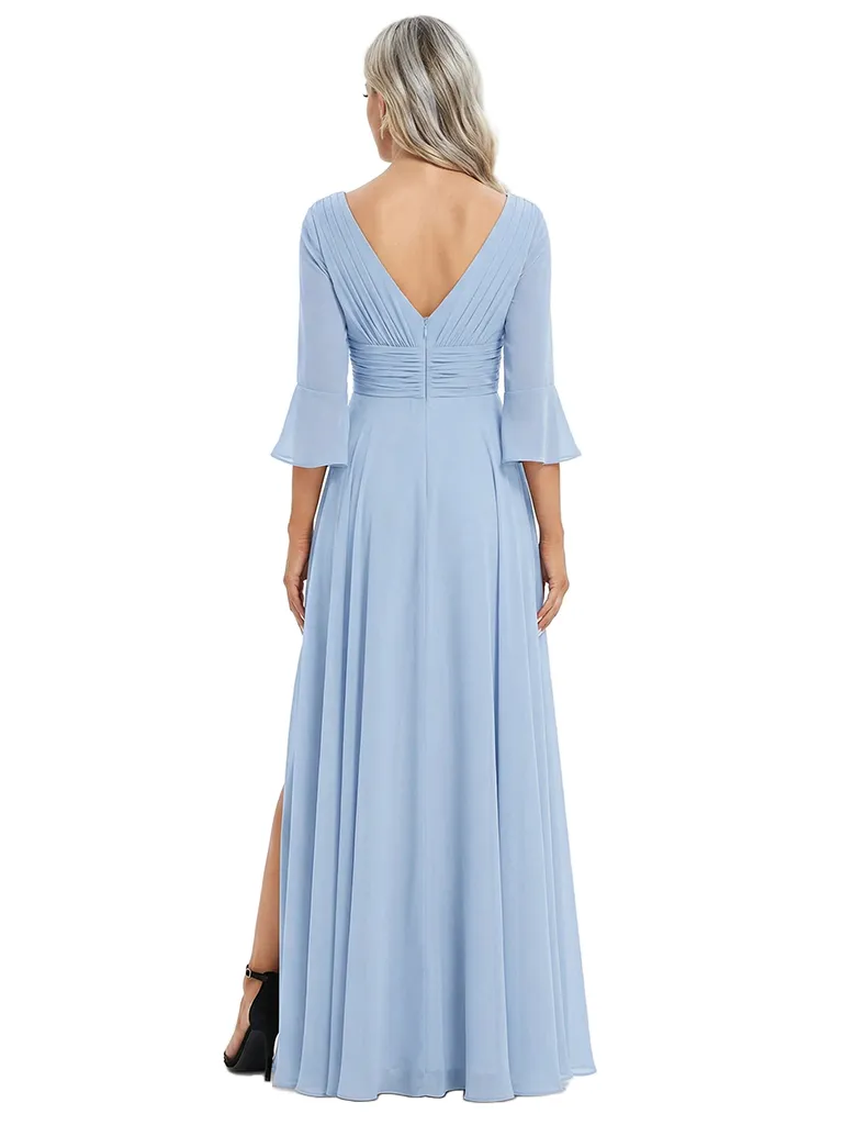 ChicSew V-Neck Long Sleeves Ruffle Mother Of The Bride Gown Chiffon A-Line With Slit sold by ChicSew product image thumbnail 3