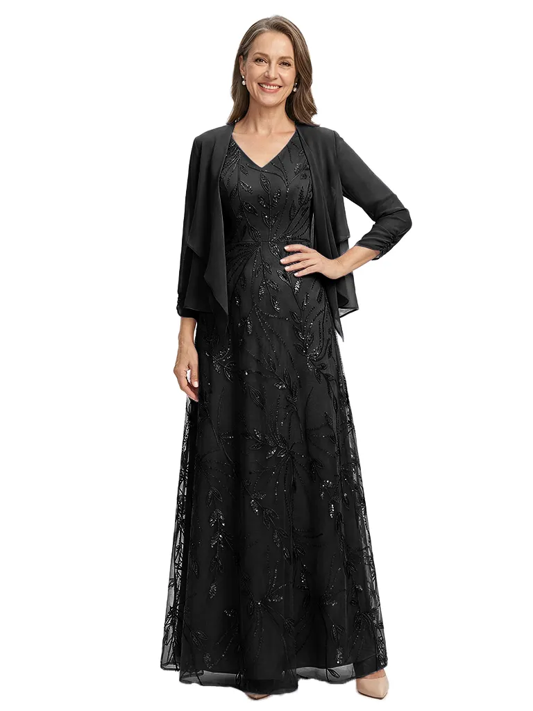 ChicSew V-Neck Lace Long Sleeve A-Line Chiffon Mother of the Bride Dresses And Jacket sold by ChicSew product image thumbnail 4
